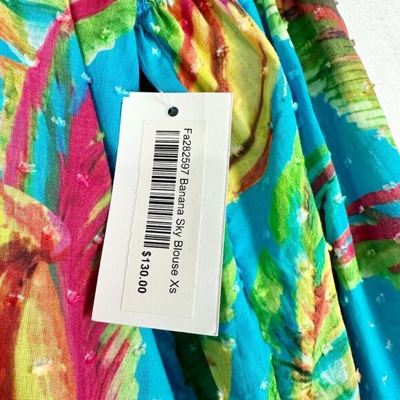 Farm Rio Banana Sky Blouse Size XS NWT Tie Neck Swiss Dot Cotton Balloon Sleeve - Picture 11 of 12